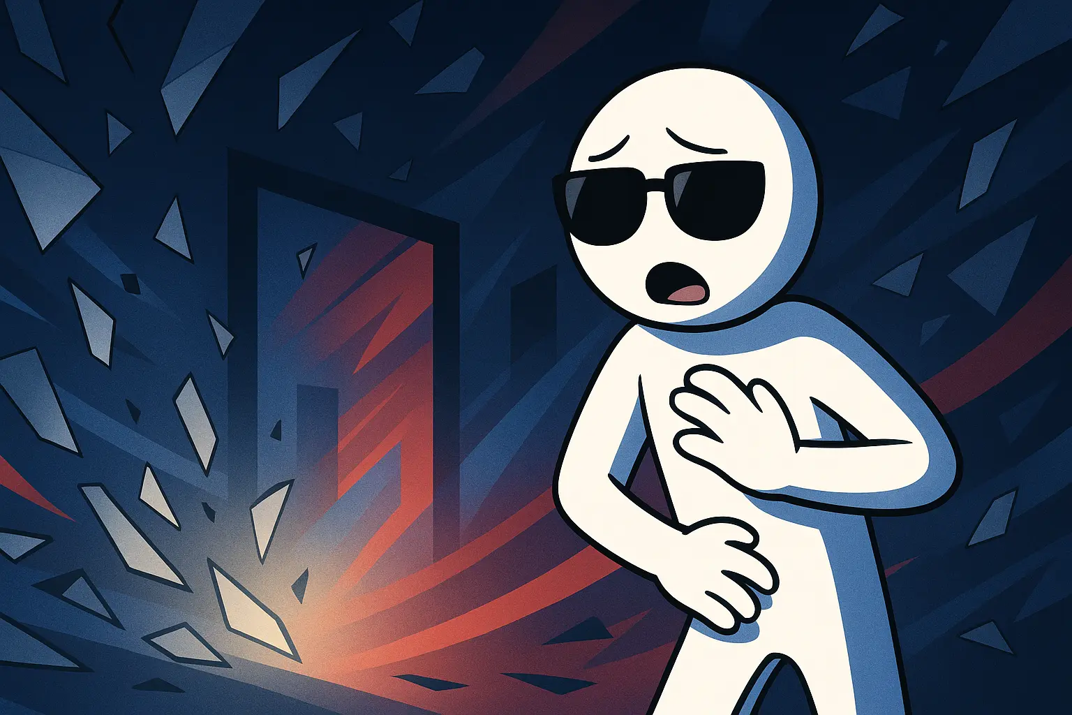 Illustration anime/abstrait : stickman choqué près d’une porte stylisée, éclats géométriques bleu/rouge et halo rouge/bleu symbolisant l’enquête