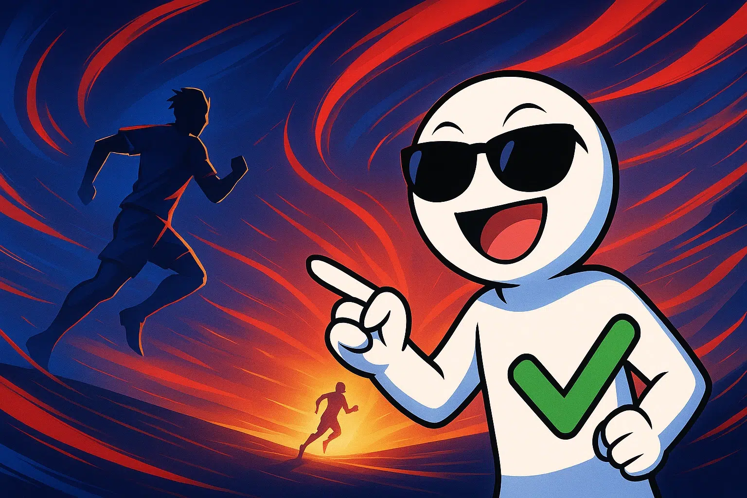 Illustration anime/abstrait : stickman lunettes noires pointant un ailier filant vers un horizon lumineux, couleurs bleu/rouge et touches dorées