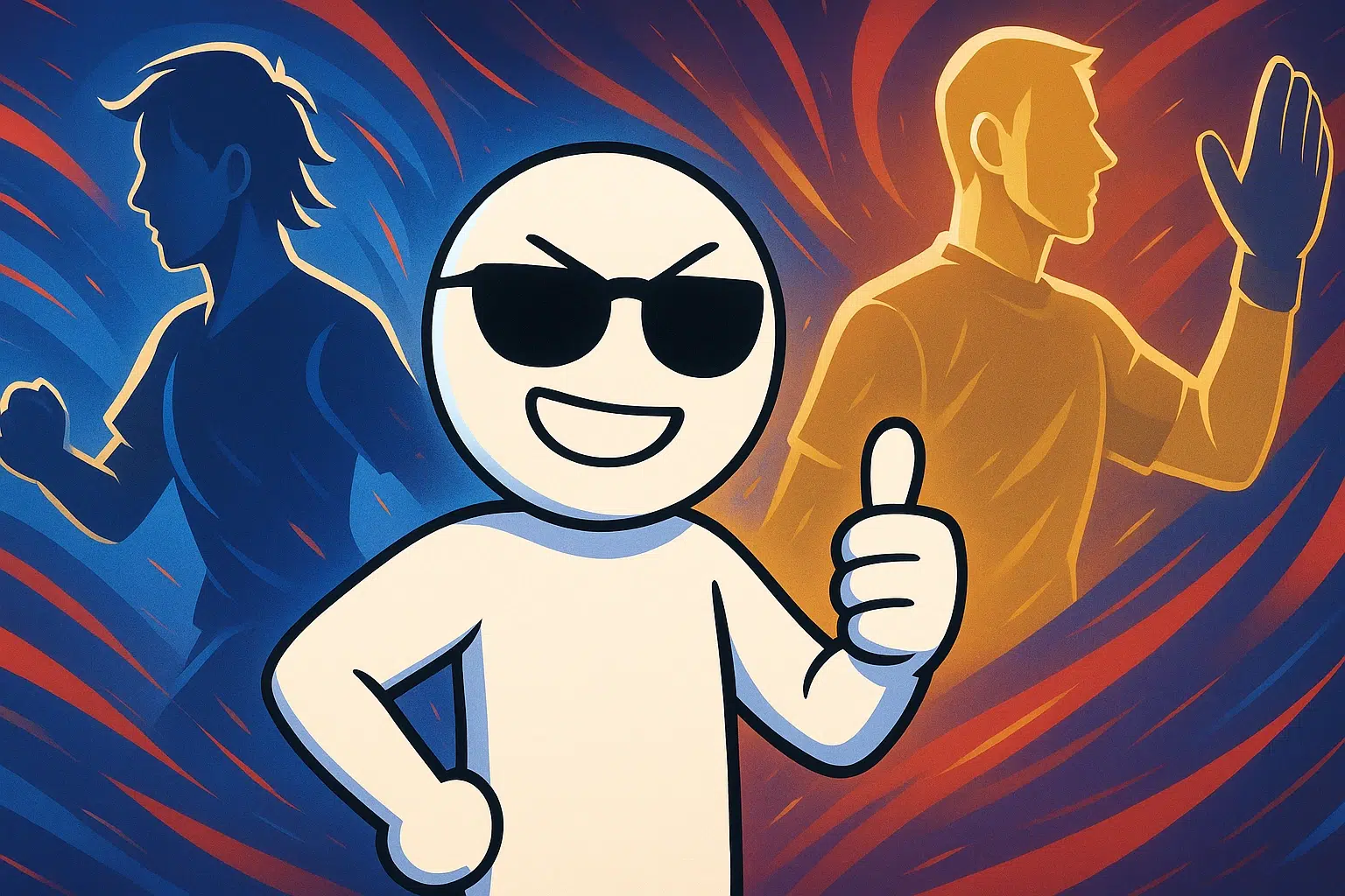 Illustration anime/abstrait : silhouettes symboliques d’un ailier créatif et d’un gardien serein, stickman confiant au centre