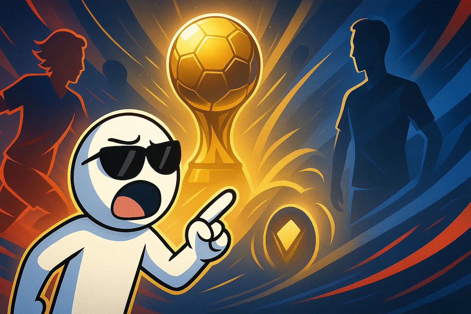 Illustration anime/abstrait : stickman lunettes noires pointant un trophée lumineux, silhouettes symboliques d’un ailier et d’un milieu de part et d’autre
