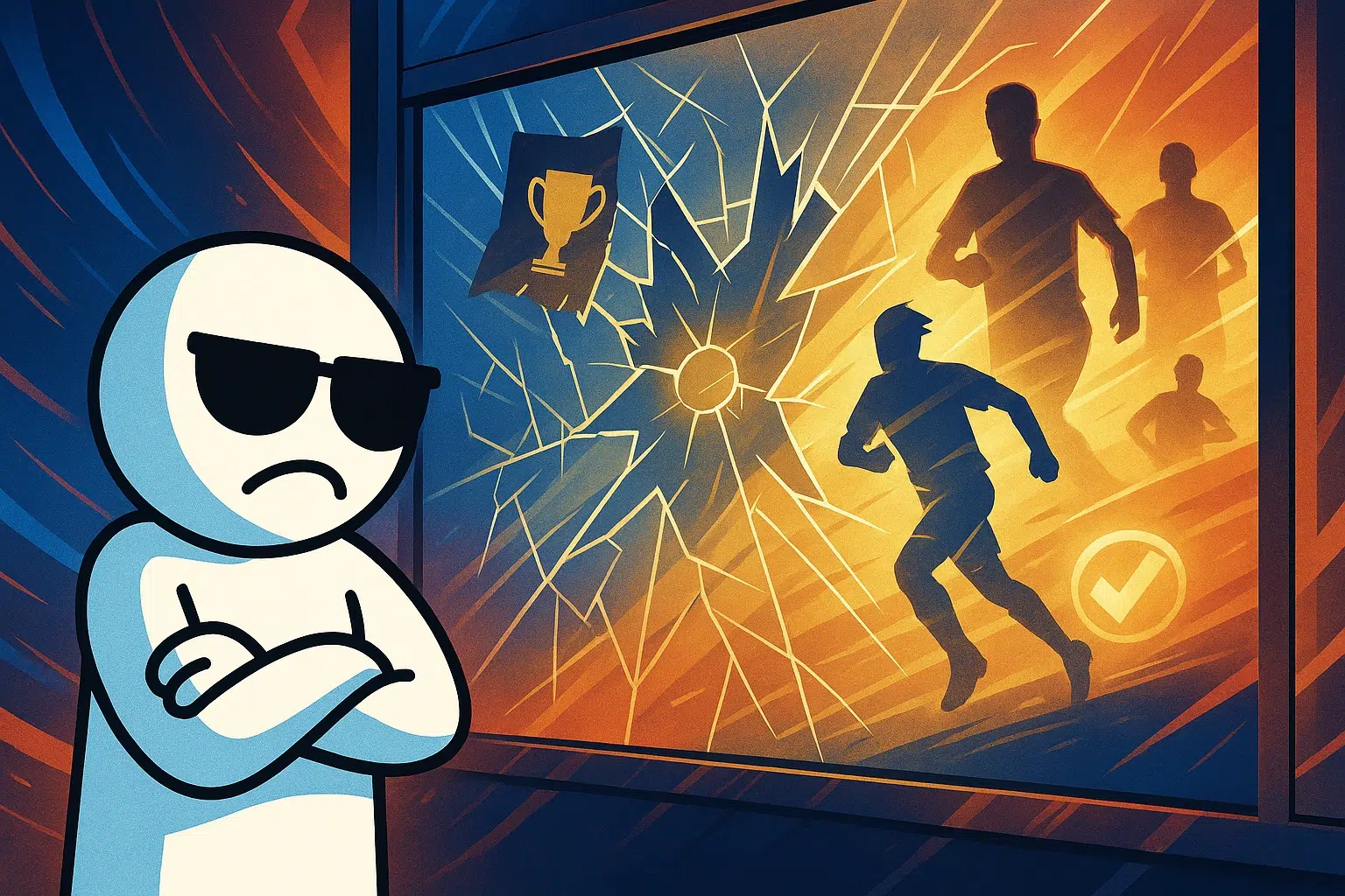 Illustration anime/abstrait : stickman avec lunettes devant un symbole d’interdiction et deux silhouettes blessées en arrière-plan