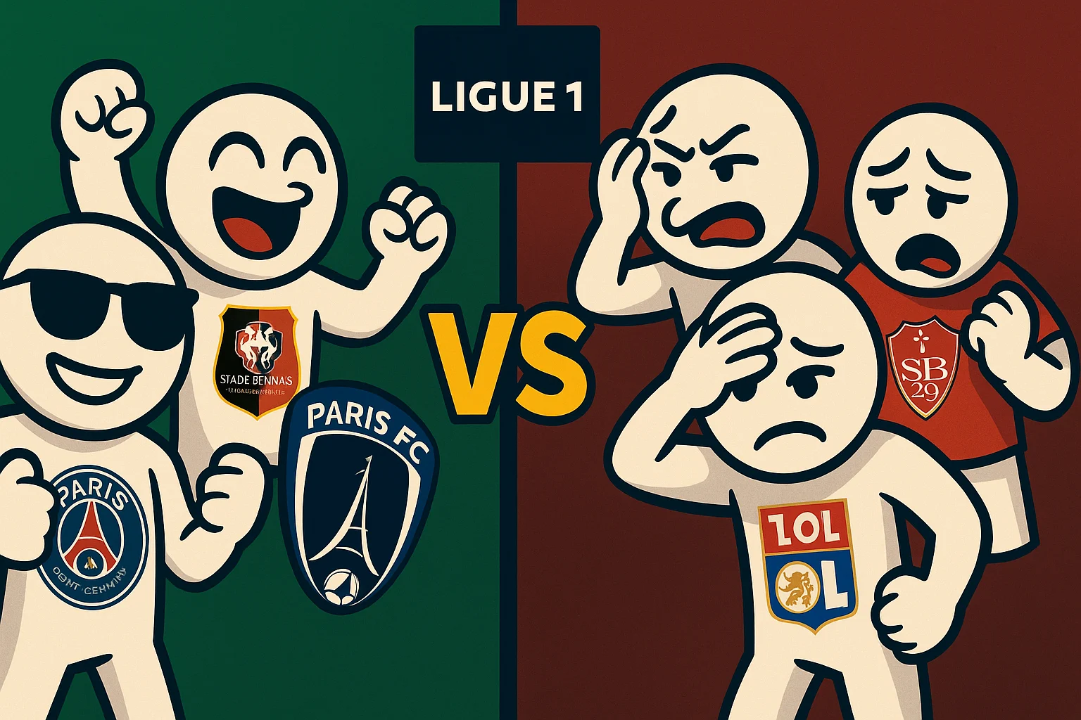 Mascottes cartoon Ligue 1 J4 — PSG, Rennes et Paris FC victorieux ; Metz, Lyon et Brest déçus.