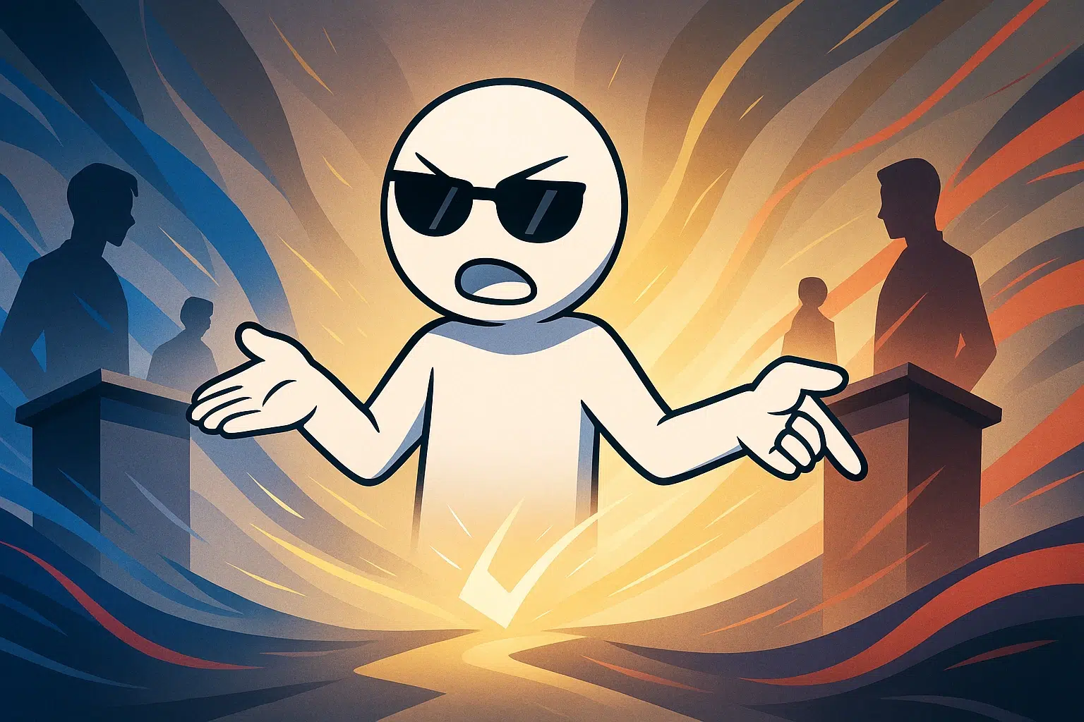 Illustration anime/abstrait : stickman médiateur entre deux podiums opposés, tons bleu/rouge et gris institutionnel
