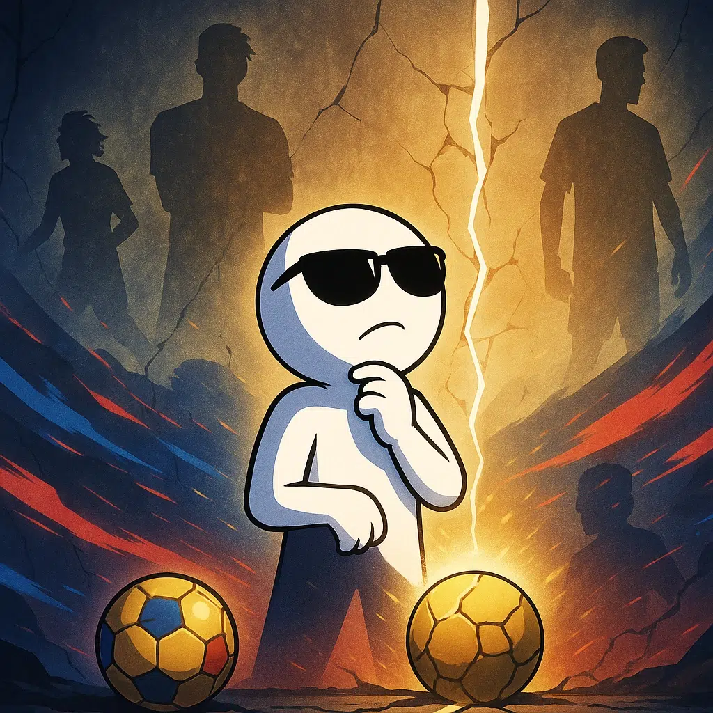 Illustration anime/abstrait : stickman avec bulle de parole, route lumineuse se divisant vers deux horizons (Paris et Madrid), tons bleu/rouge et blanc-or